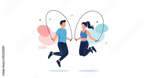 Active couple jumping rope together as part of their fitness routine against a background of abstract shapes and colors.
