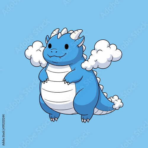 A cute, chubby blue dragon with fluffy white clouds for wings and a tail, set against a solid light blue background.