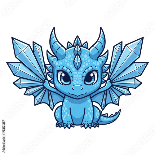 A cute, stylized baby ice dragon with large, crystalline wings and horns, sitting with its wings spread wide.