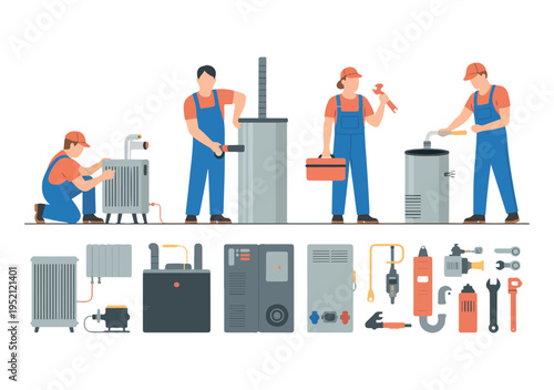 Skilled technicians performing maintenance on heating and plumbing systems with related tools