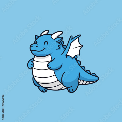 A cute, chubby, blue cartoon dragon with white wings and horns, smiling happily against a light blue background.