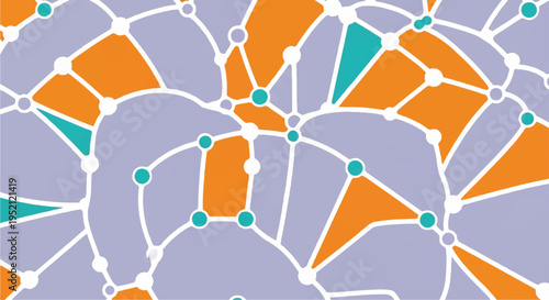 Abstract geometric network pattern with interconnected lines and dots in orange, lavender, and teal, representing connection and technology.
