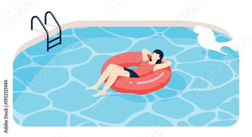Relaxing scene of a young woman floating on a red inflatable ring in a clear blue swimming pool under the sun.