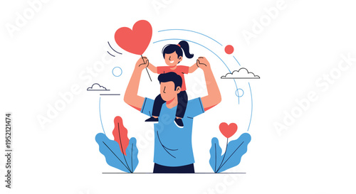 Happy father carrying his little daughter on his shoulders while she holds a red heart-shaped balloon in a park.