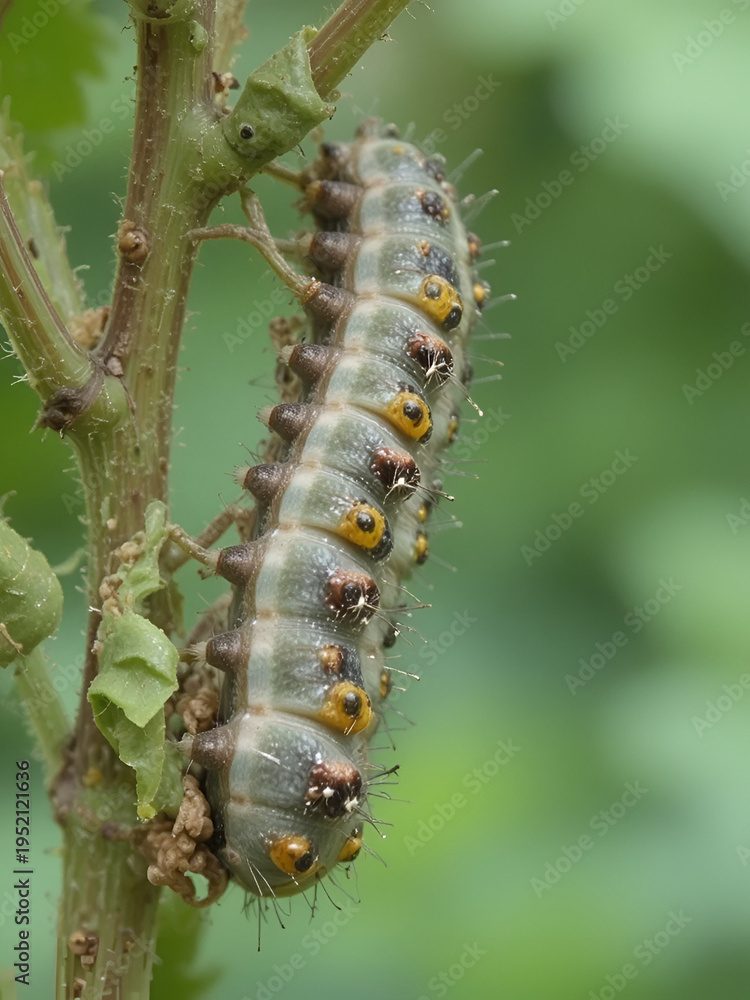 Fototapeta premium The grey caterpillar like larval stage of Solomons seal sawfly that can defoliate Polygonatum species and hybrids in early summer