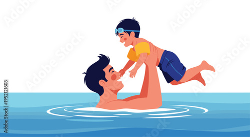 Happy father lifting his young son high in the air while playing together in the ocean during a beach vacation.