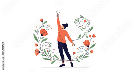 Young woman celebrating success with one arm raised in a victory gesture surrounded by elegant floral vines and vibrant orange flowers.