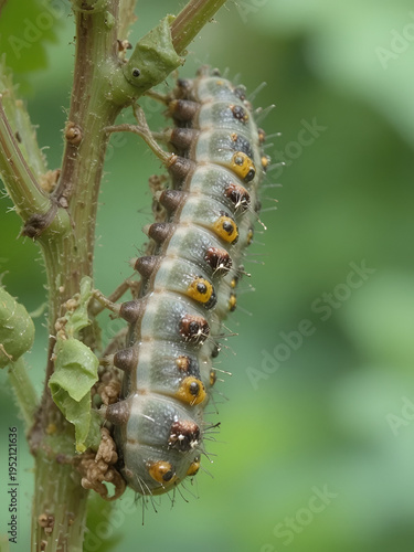 The grey caterpillar like larval stage of Solomons seal sawfly that can defoliate Polygonatum species and hybrids in early summer