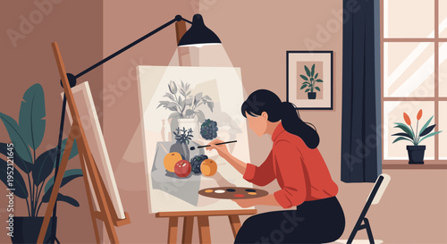 Talented female artist sitting in her cozy home studio painting a colorful still life of fruits and flowers on a large canvas under a lamp.