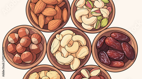 Different types of nuts and dried fruits in wooden bowls arranged on a flat surface for a healthy snack option