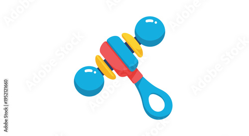 Colorful plastic baby rattle toy with blue bells and a red handle designed for infants to play and develop motor skills through sound.