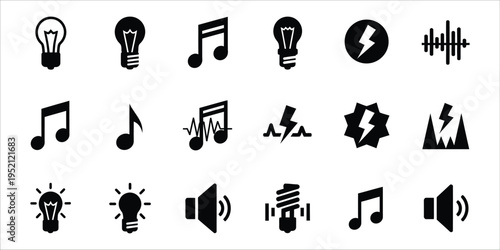 Collection of audio and electricity icons in black and white