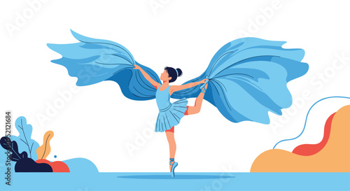 Graceful ballerina wearing a blue tutu performing a dance with large fabric wings against a minimalist background with soft color shapes.