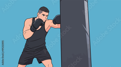 Young man practices boxing with punching bag in gym setting during morning training session