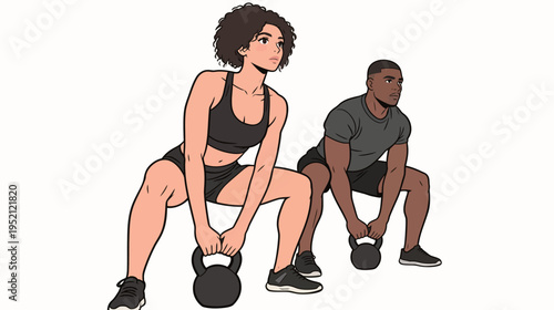 Two people exercise with kettlebells in a gym during a workout session focused on strength training and fitness