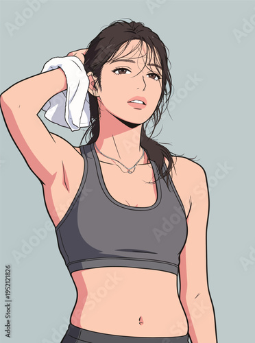 Woman exercising and wiping sweat in a workout outfit in an indoor setting during the day