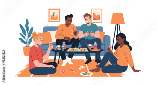 Group of four diverse friends having fun playing a board game and cards while sharing drinks and snacks in a cozy living room.