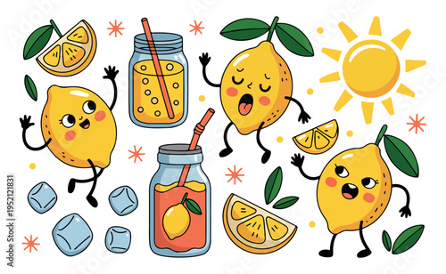 A playful collection of cartoon lemon characters with lemonade drinks and sunshine on white