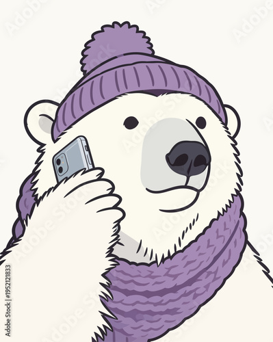 Polar bear talking on a smartphone while wearing a purple hat and scarf in a fun setting