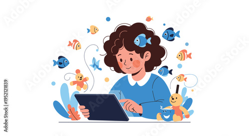 Young girl with curly hair using a digital tablet at her desk while colorful virtual fish float around her in an imaginative space.