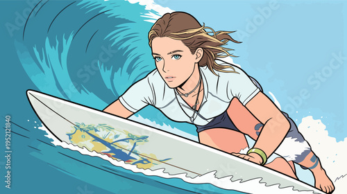 Surfer rides a big wave on a sunny day at a beach in summer while wearing casual beach clothing and focused on the surfboard