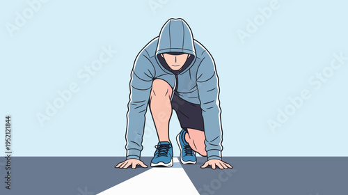 Runner prepares to start race on track at morning with focused expression and readiness for competition