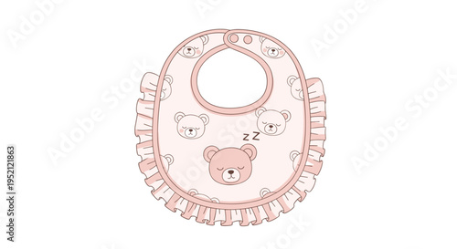Pink baby bib with ruffles and a sleeping bear pattern designed to keep infants clean during feeding time with a cute animal theme.