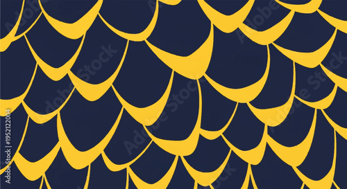 Vibrant yellow scales pattern on a dark blue background, an abstract and modern graphic design resembling dragon skin, fish scales, or roof tiles, seamless texture.