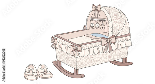 Beautifully illustrated baby cradle features a floral pattern canopy and pink bows with a pair of matching infant shoes nearby.