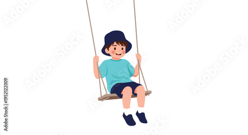 Cheerful young boy wearing a blue bucket hat and a teal t-shirt experiences pure joy while playing on a simple wooden rope swing.