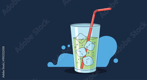 Refreshing glass of green citrus soda with clear ice cubes and a bright red straw is depicted against a dark blue background with bubbles.