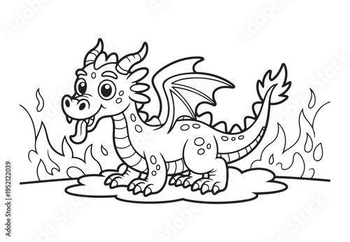 An adorable cartoon baby dragon breathing fire in a playful and friendly manner for children