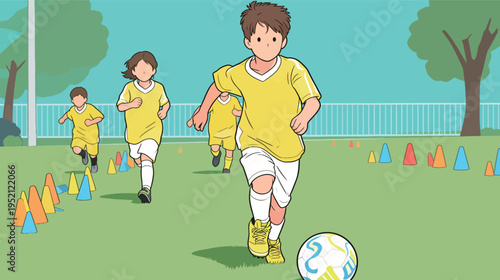 Children run during soccer practice on a sunny day in a park with colored cones set on the grass