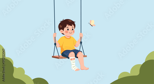 Brave young boy with a white bandage on his leg sits on a swing and watches a small butterfly fluttering nearby in the garden.