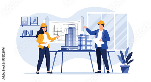 Professional architects in yellow hard hats collaborate on a modern building design using detailed blueprints and architectural models.