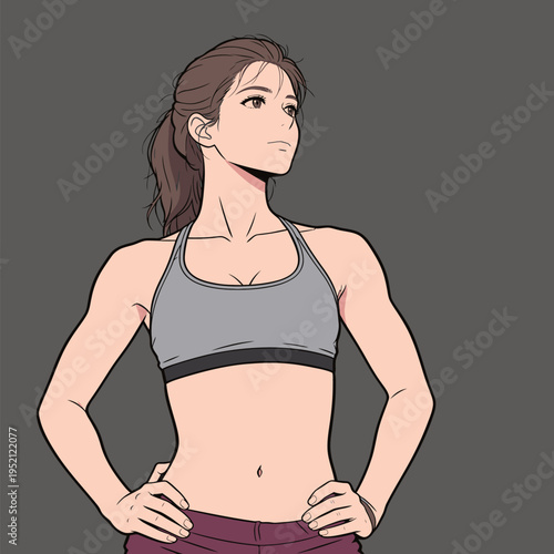 Woman stands confidently in workout gear with hands on hips, showing strength and focus in a simple setting