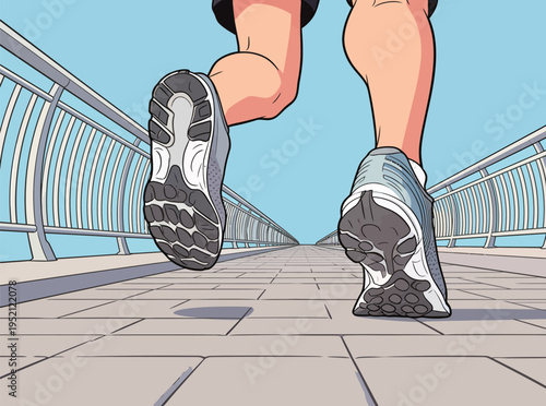 Runner making progress on a long bridge during a clear day under a blue sky with plenty of sunlight