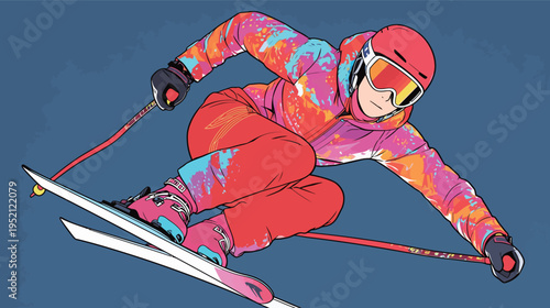 Skier performs a jump during a winter sport event at a mountain resort in the afternoon sun with bright colorful outfit