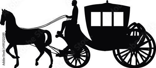 Horse drawn carriage silhouette with driver, vintage transport wagon, classic horse cart vehicle illustration isolated for historical travel design
