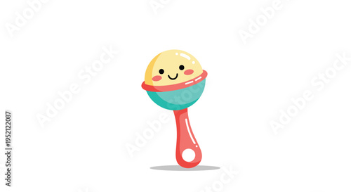 Adorable baby rattle toy with a happy yellow face and a red and teal handle is shown as a simple vector illustration for infants.
