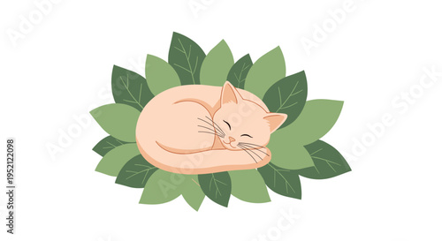 Charming illustration depicts a ginger cat sleeping peacefully while curled up on a decorative bed of various green leaves.