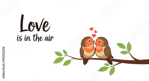 Pair of affectionate brown birds with orange breasts perches on a leafy tree branch under a cluster of floating red hearts.