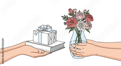 Gracious hands are shown exchanging thoughtful gifts including a book and a wrapped present alongside a beautiful vase of pink roses.