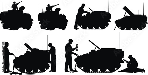 Military vehicle maintenance silhouettes, soldiers repairing armored vehicle and artillery equipment, army mechanics working on battlefield transport vector illustration