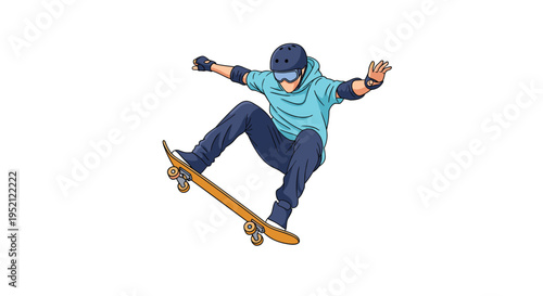 Dynamic illustration captures an extreme sports enthusiast performing an impressive mid-air trick on a skateboard while wearing safety gear.