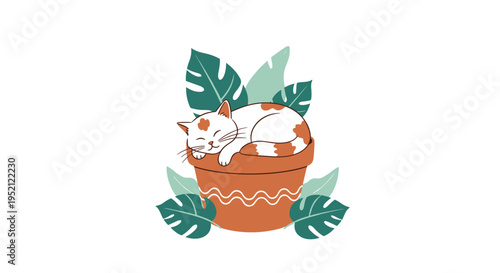 Adorable white cat with orange spots sleeps soundly inside a brown terracotta flower pot surrounded by large green tropical leaves.