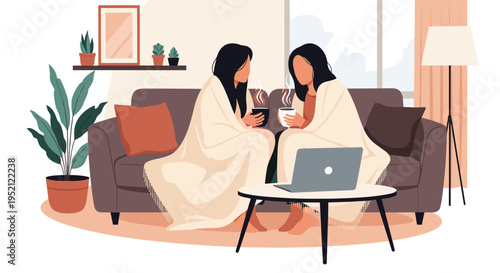 Two female friends wrapped in cozy blankets sit together on a comfortable sofa and enjoy hot drinks while watching a movie on a laptop.