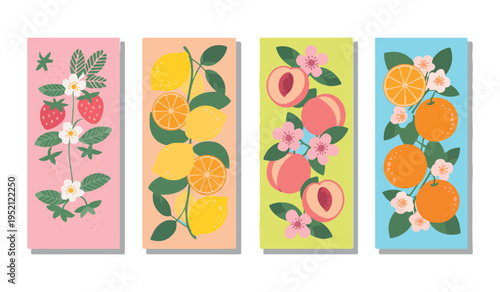 Four colorful vertical banners showcasing various fruits including strawberries, lemons, peaches, and oranges with blossoms