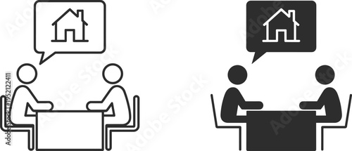 Real estate consultation icon set, property discussion meeting symbol, home buying advice concept, realty service vector illustration isolated