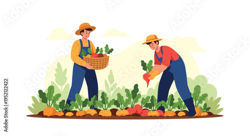 Hardworking farmers in straw hats and overalls work together in a field to harvest fresh root vegetables during the autumn season.